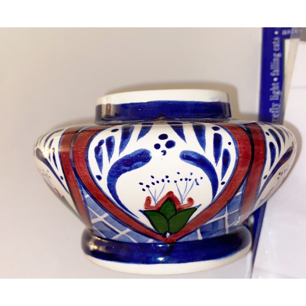 Mexican Blue Brown White Hand Painted Pottery Vase